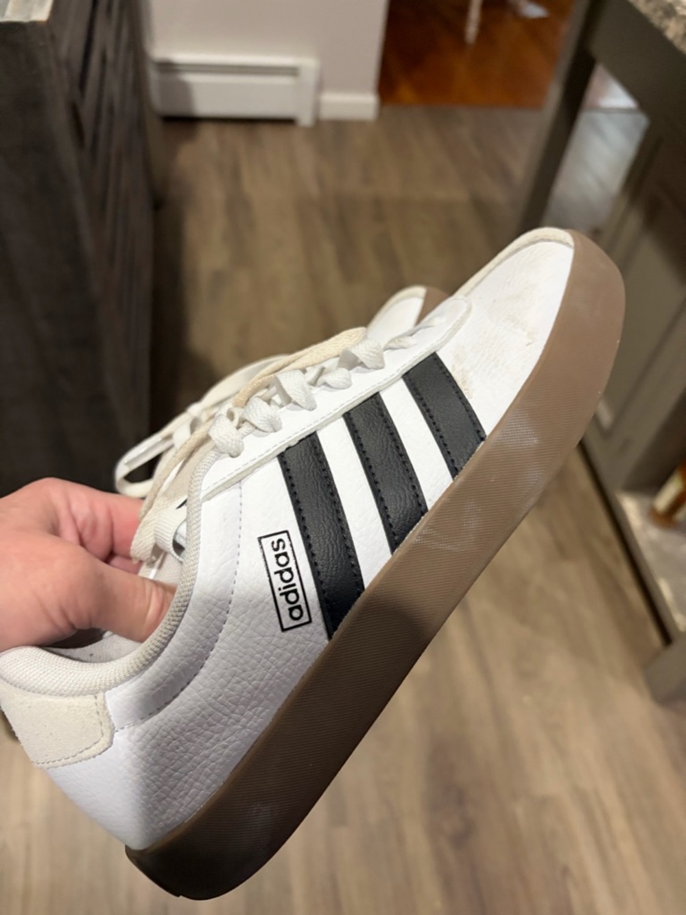 adidas White Sneakers with Black Stripes and Brown Sole